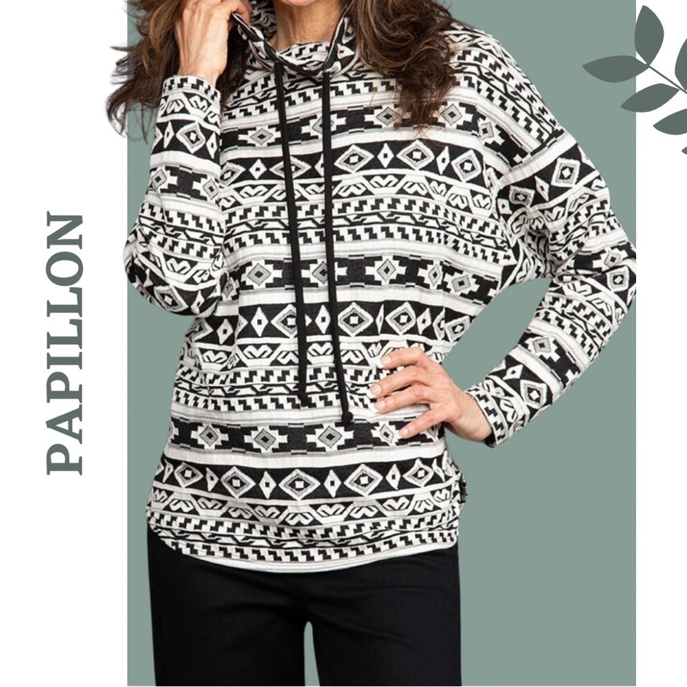 Papillon Mock Neck Aztec Print Pullover Black Cream Long Sleeve Size Medium